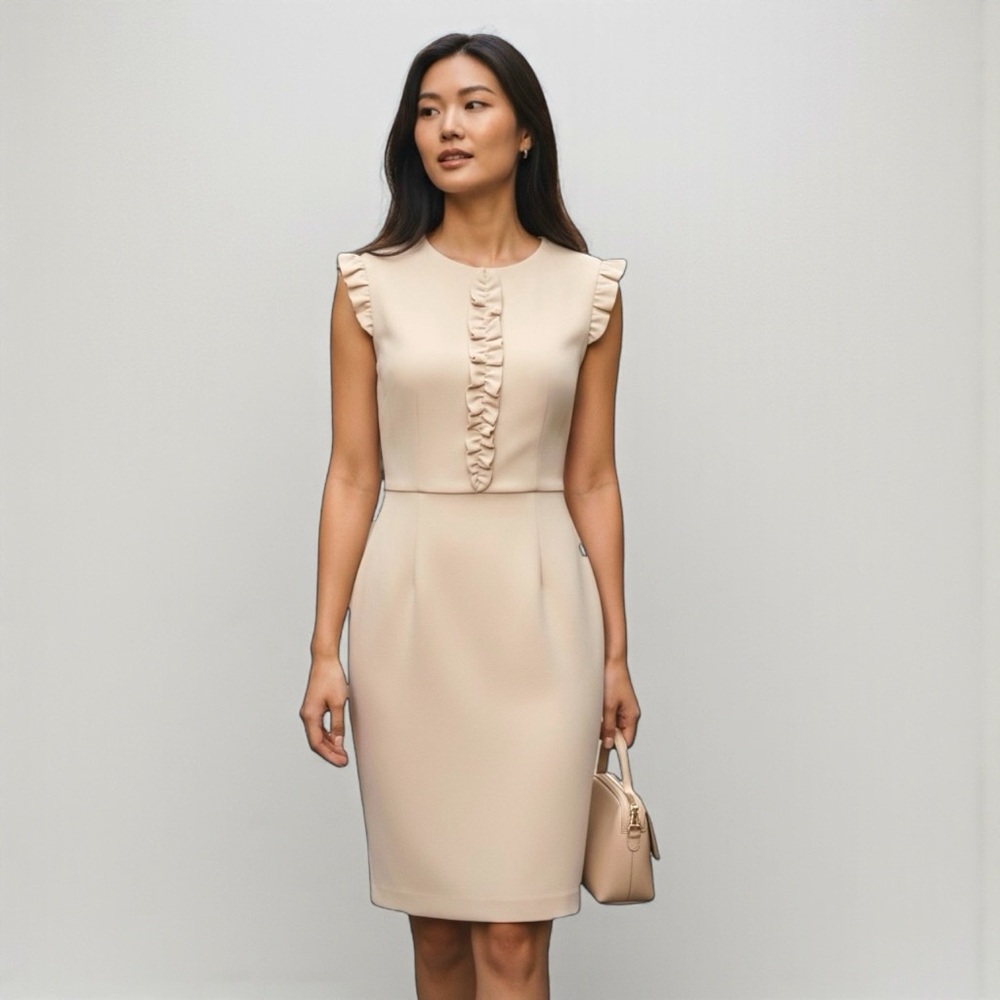 Agnona Cream Ruffle Sheath Midi Dress Wool Blend Size 2 Quiet Luxury
